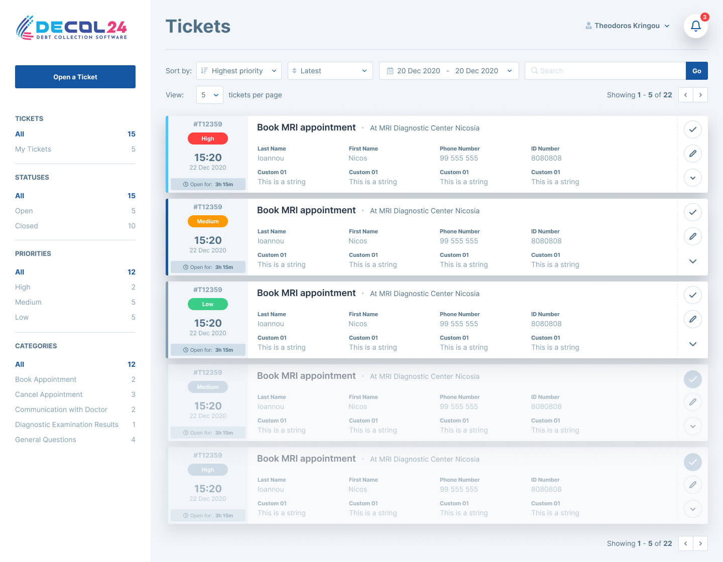 DECOL24 tickets screen with priorities, statuses and categories